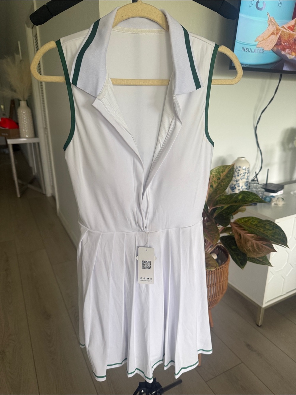 Sleeveless White Tennis/golf Style Mini Dress with undershorts and Green Trim